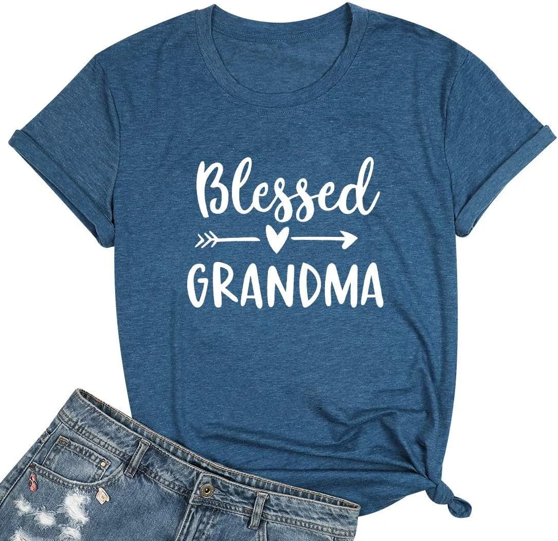 Blessed Grandma Shirt Funny Cute Graphic Tees Women Letter Print T-Shirt Casual Short Sleeve Tops