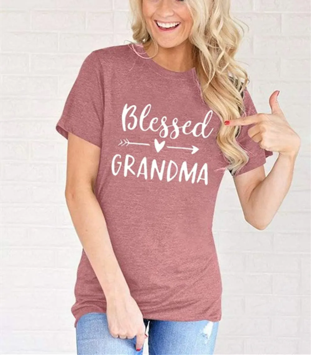 Blessed Grandma Shirt Funny Cute Graphic Tees Women Letter Print T-Shirt Casual Short Sleeve Tops
