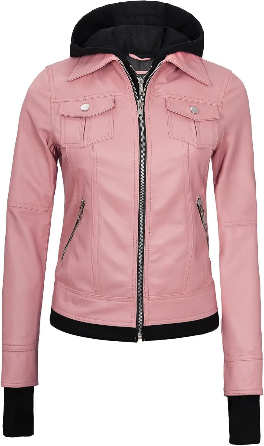 Blingsoul Leather Bomber Jacket Women - Real Lambskin Womens Leather Jackets with Removable Hood