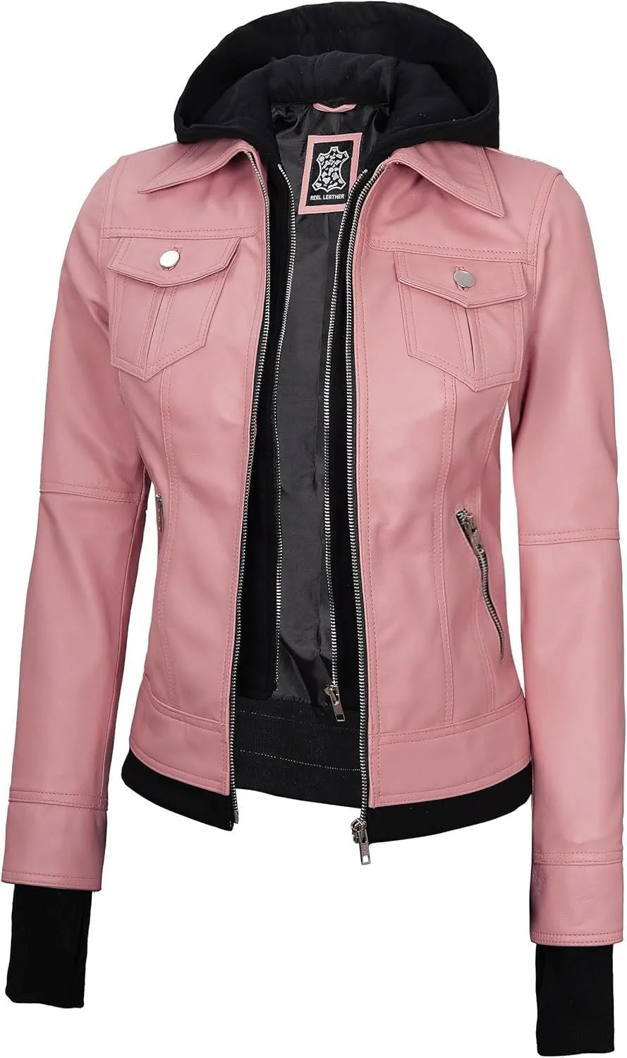 Blingsoul Leather Bomber Jacket Women - Real Lambskin Womens Leather Jackets with Removable Hood