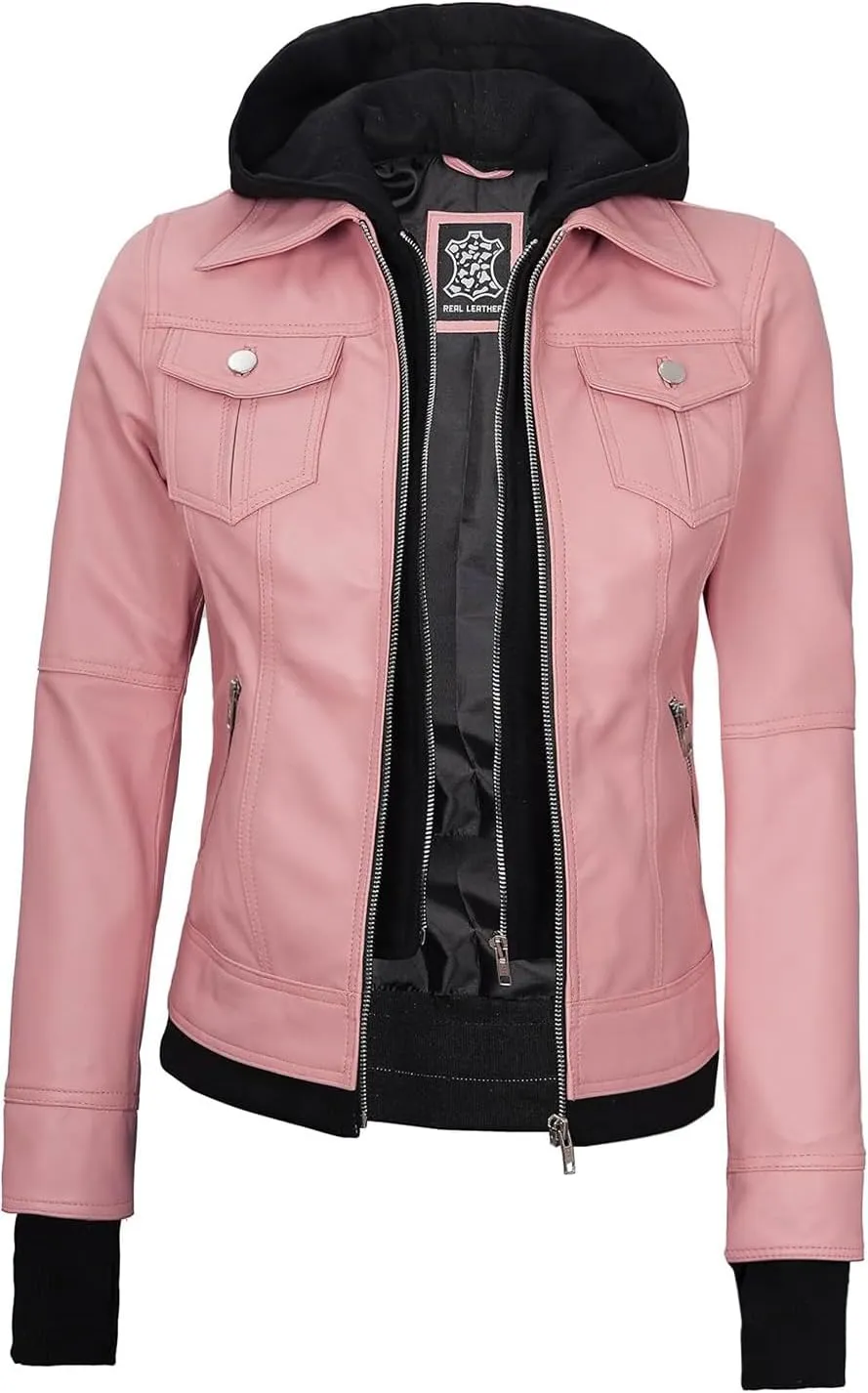 Blingsoul Leather Bomber Jacket Women - Real Lambskin Womens Leather Jackets with Removable Hood