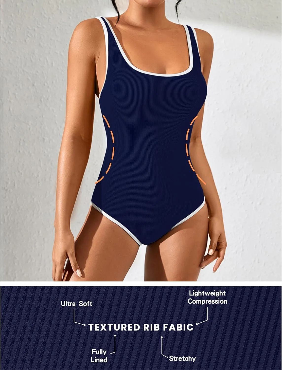 Blooming Jelly Womens One Piece Swimsuit Sporty Tummy Control Bathing Suit Ribbed Slimming Cute Flattering High Cut Swimwear