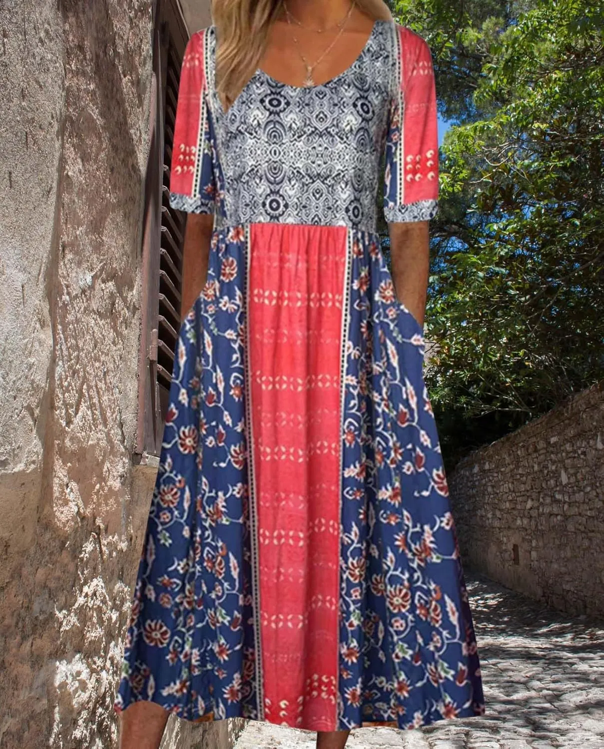 Bohemian Floral Print Dresses for Women Summer Fashion Casual Short Sleeve Loose V Neck Flowy Maxi Dress with Pockets