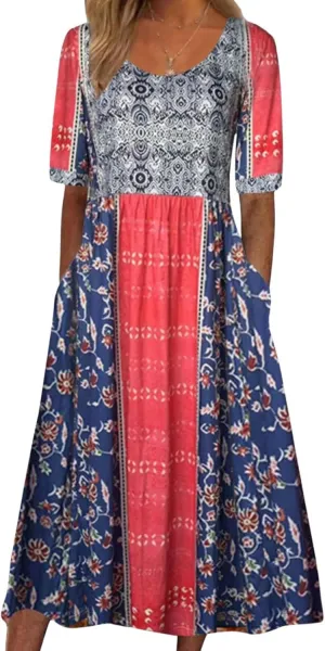 Bohemian Floral Print Dresses for Women Summer Fashion Casual Short Sleeve Loose V Neck Flowy Maxi Dress with Pockets