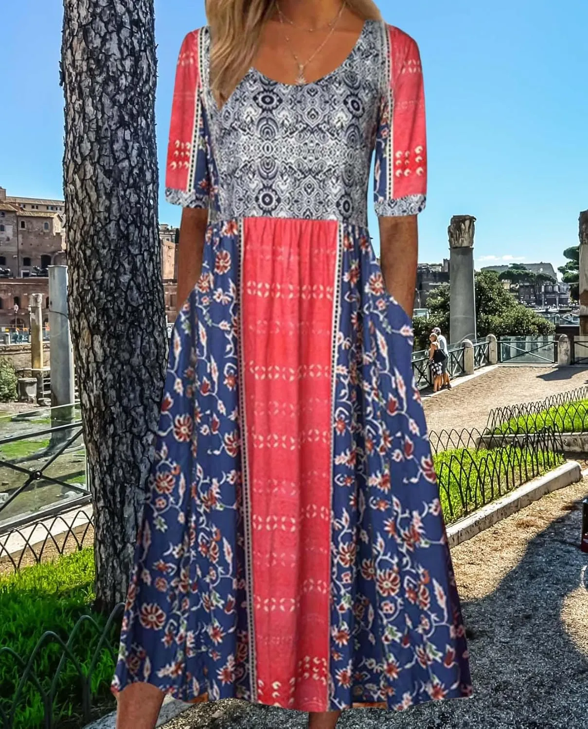 Bohemian Floral Print Dresses for Women Summer Fashion Casual Short Sleeve Loose V Neck Flowy Maxi Dress with Pockets