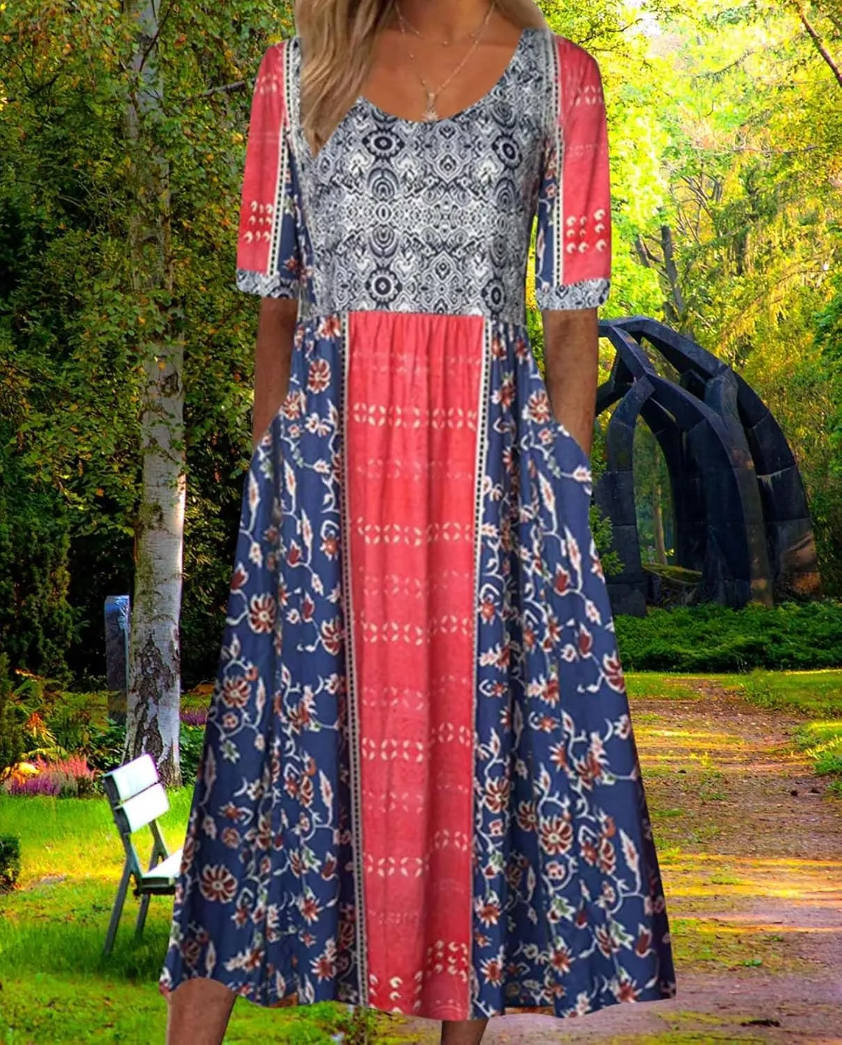 Bohemian Floral Print Dresses for Women Summer Fashion Casual Short Sleeve Loose V Neck Flowy Maxi Dress with Pockets