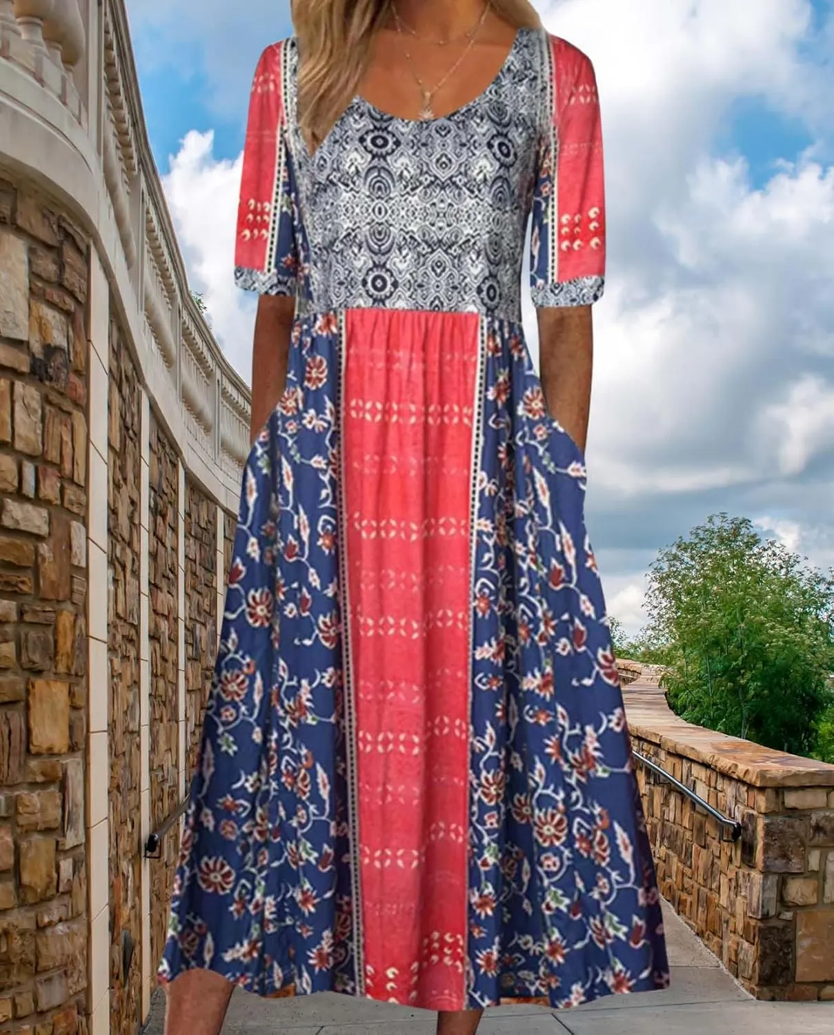 Bohemian Floral Print Dresses for Women Summer Fashion Casual Short Sleeve Loose V Neck Flowy Maxi Dress with Pockets