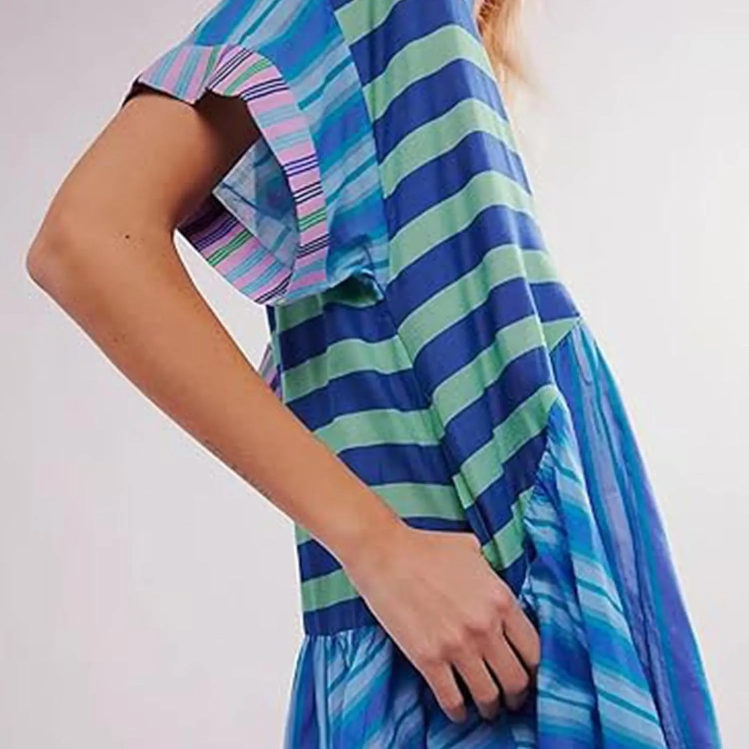 Boho Dresses for Women 2024 Patchwork Babydoll Dress Bohemian V Neck Colorful Sundresses Ruffle Flowy Mini Dress