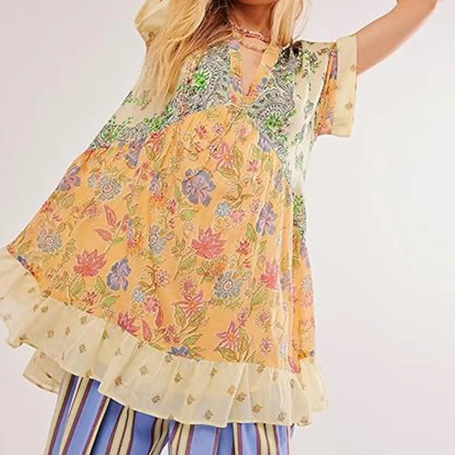 Boho Dresses for Women 2024 Patchwork Babydoll Dress Bohemian V Neck Colorful Sundresses Ruffle Flowy Mini Dress