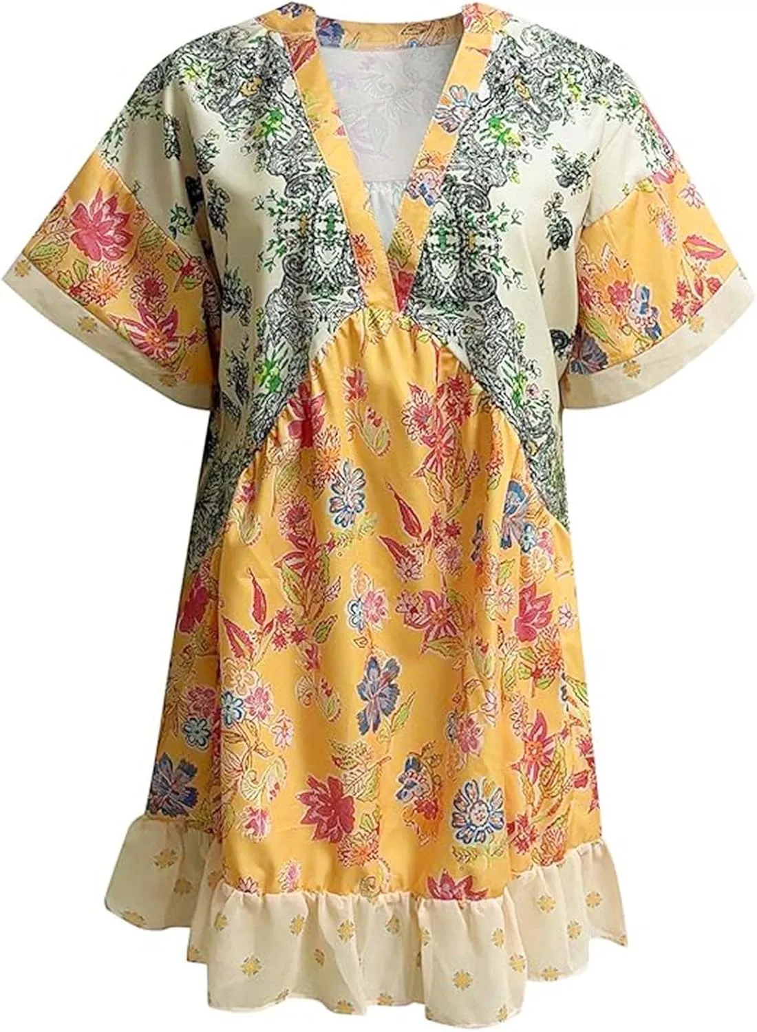 Boho Dresses for Women 2024 Patchwork Babydoll Dress Bohemian V Neck Colorful Sundresses Ruffle Flowy Mini Dress