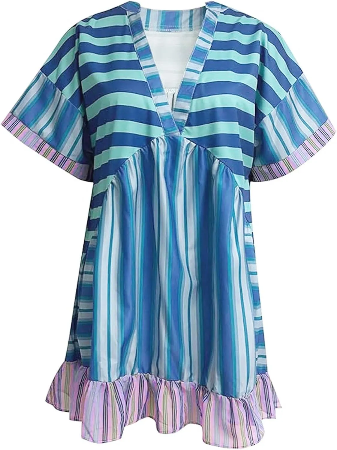 Boho Dresses for Women 2024 Patchwork Babydoll Dress Bohemian V Neck Colorful Sundresses Ruffle Flowy Mini Dress