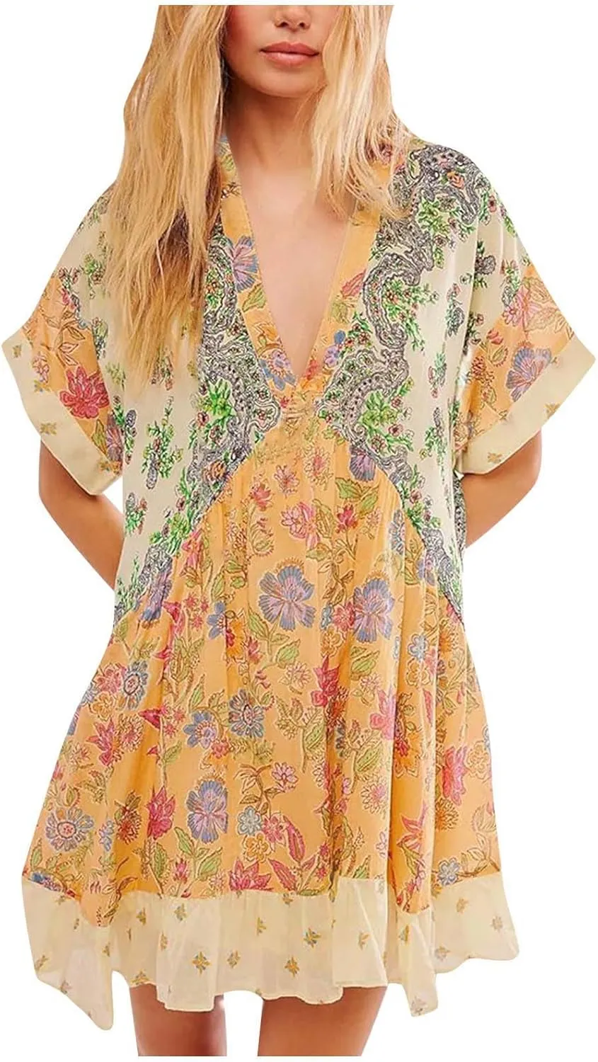 Boho Dresses for Women 2024 Patchwork Babydoll Dress Bohemian V Neck Colorful Sundresses Ruffle Flowy Mini Dress