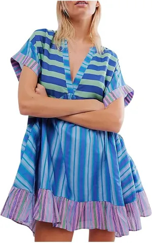 Boho Dresses for Women 2024 Patchwork Babydoll Dress Bohemian V Neck Colorful Sundresses Ruffle Flowy Mini Dress