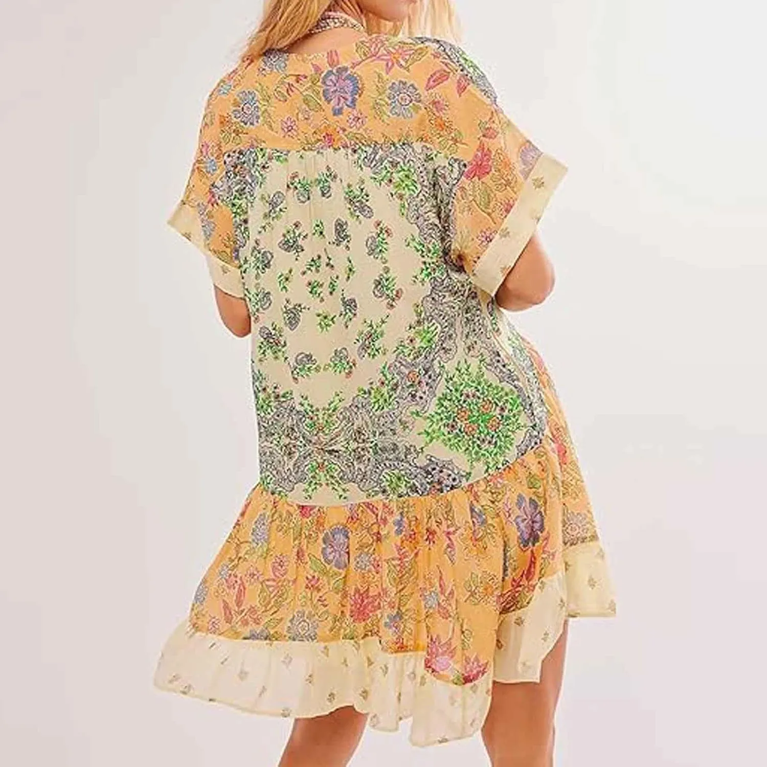 Boho Dresses for Women 2024 Patchwork Babydoll Dress Bohemian V Neck Colorful Sundresses Ruffle Flowy Mini Dress
