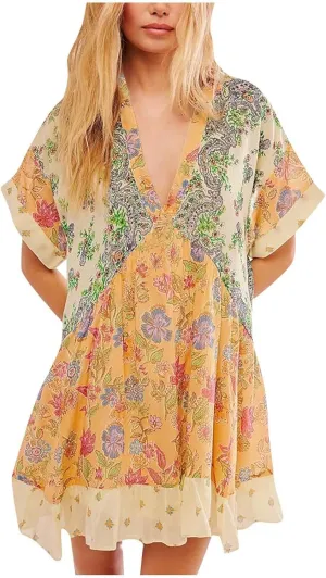 Boho Dresses for Women 2024 Patchwork Babydoll Dress Bohemian V Neck Colorful Sundresses Ruffle Flowy Mini Dress