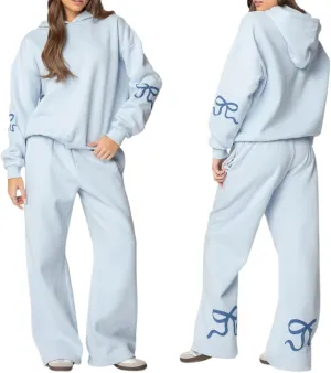 Bow Print Sweat Set For Women Matching Sweat Sets For Women Bow Sweatshirt Long Sleeve Oversized Hoodie Wide Leg Sweatpants