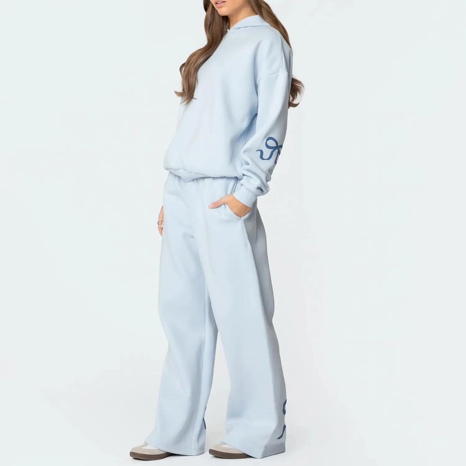 Bow Print Sweat Set For Women Matching Sweat Sets For Women Bow Sweatshirt Long Sleeve Oversized Hoodie Wide Leg Sweatpants
