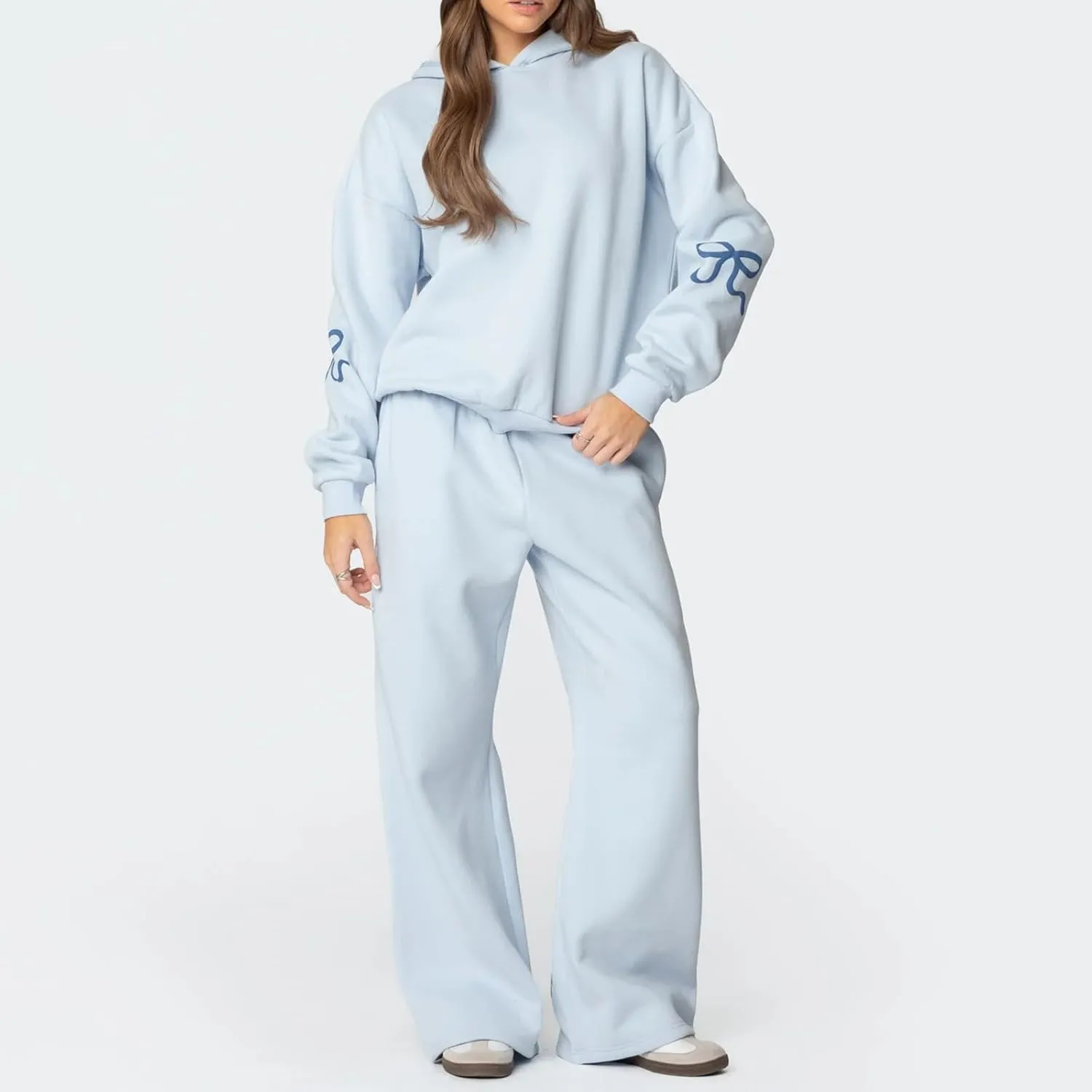 Bow Print Sweat Set For Women Matching Sweat Sets For Women Bow Sweatshirt Long Sleeve Oversized Hoodie Wide Leg Sweatpants