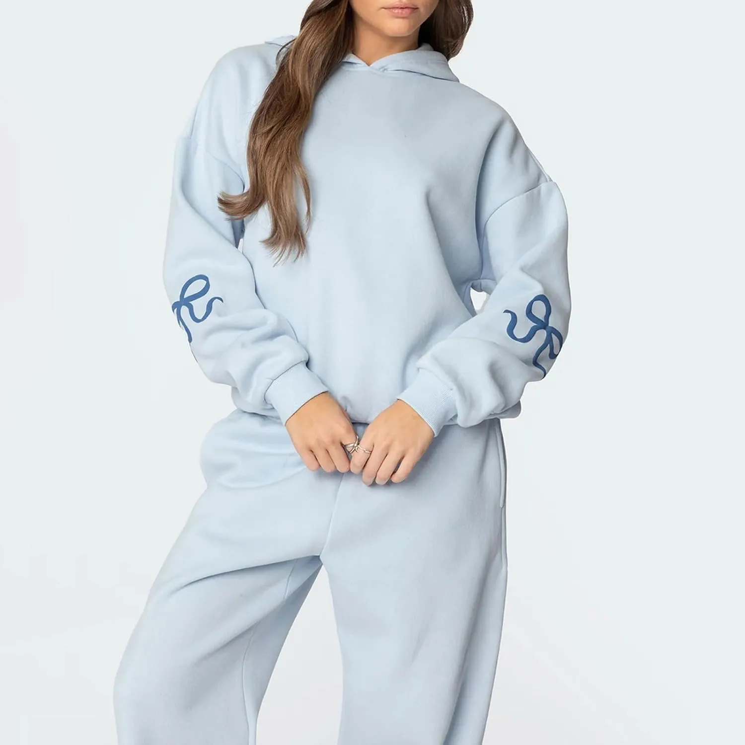 Bow Print Sweat Set For Women Matching Sweat Sets For Women Bow Sweatshirt Long Sleeve Oversized Hoodie Wide Leg Sweatpants