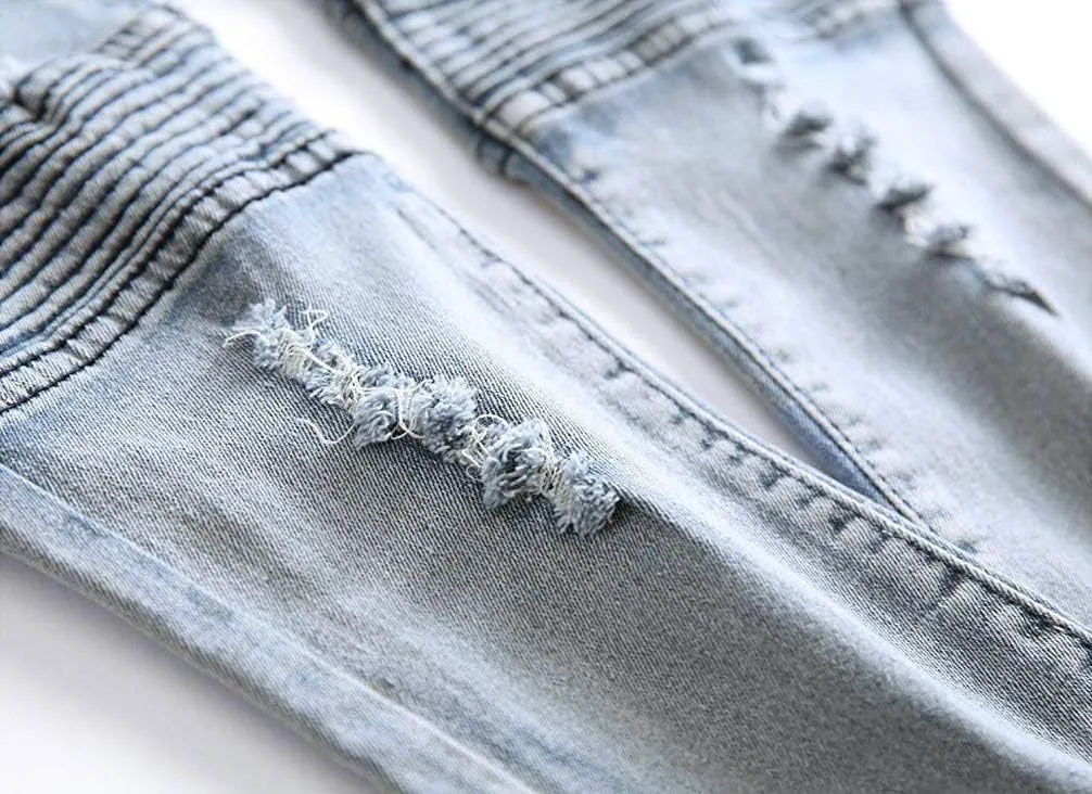 Boy's Skinny Fit Ripped Destroyed Distressed Stretch Slim Moto Biker Fashion Denim Jeans with Holes