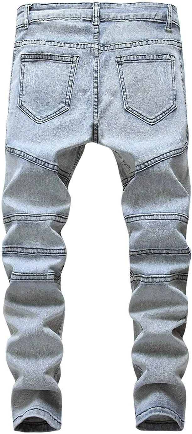 Boy's Skinny Fit Ripped Destroyed Distressed Stretch Slim Moto Biker Fashion Denim Jeans with Holes