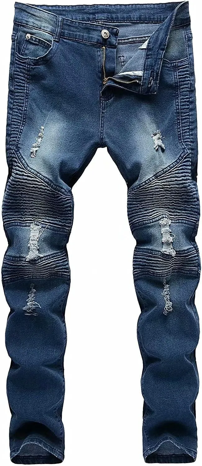 Boy's Skinny Fit Ripped Destroyed Distressed Stretch Slim Moto Biker Fashion Denim Jeans with Holes