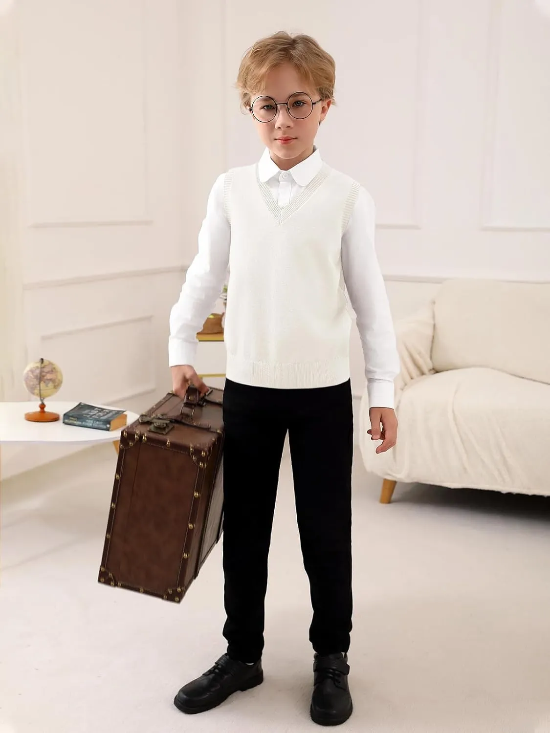 Boys Sweater Vest Kids Solid School Uniform Sleeveless Knit Sweaters Tops 5-14 Years