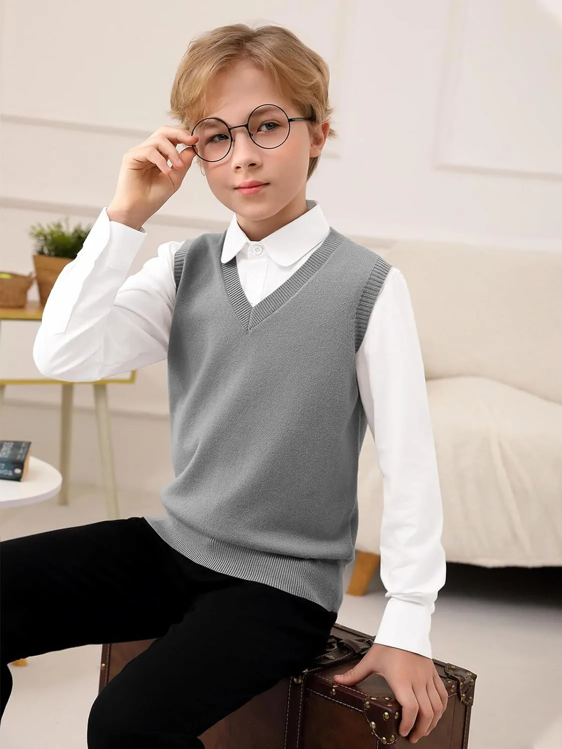 Boys Sweater Vest Kids Solid School Uniform Sleeveless Knit Sweaters Tops 5-14 Years