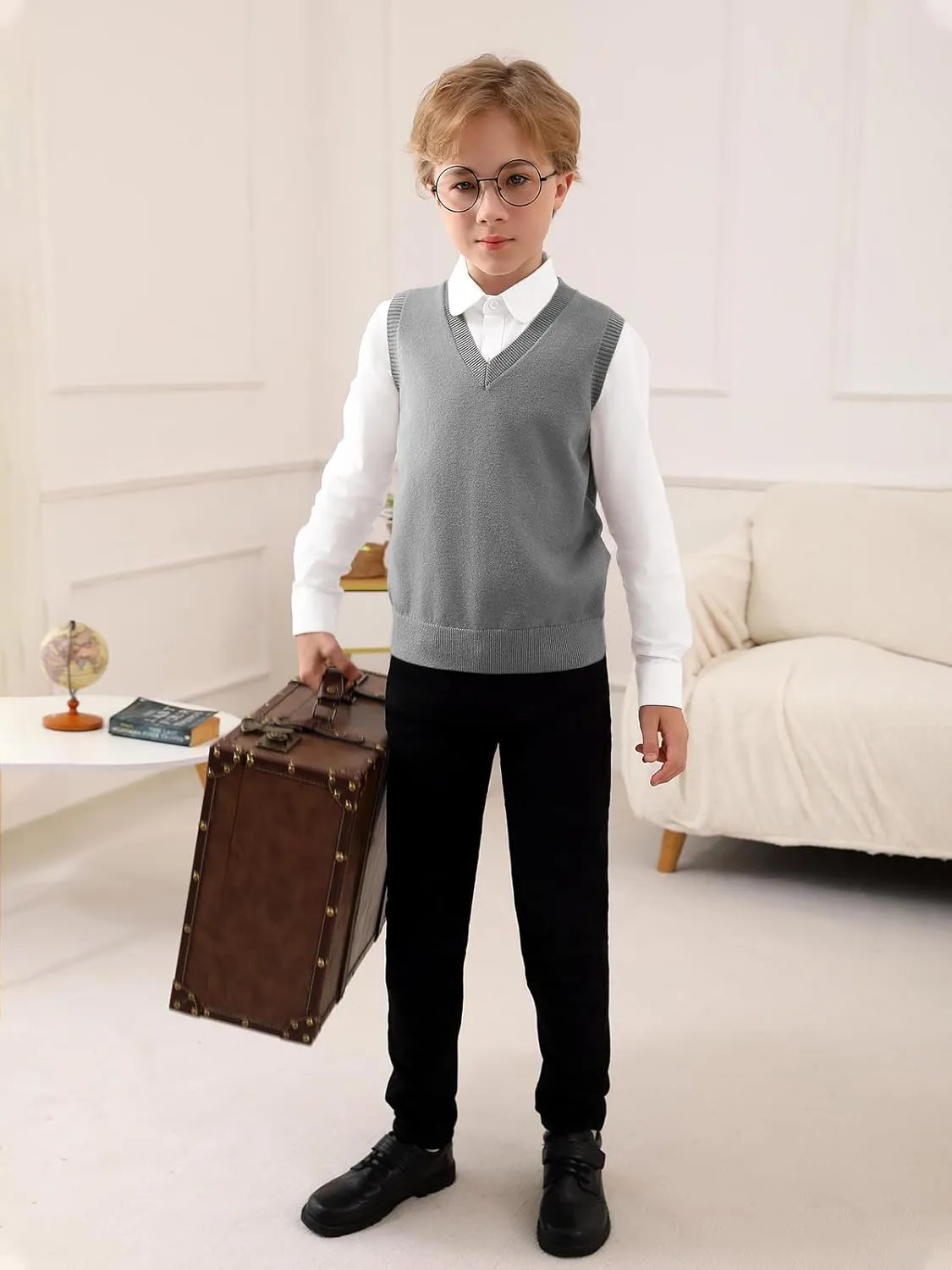 Boys Sweater Vest Kids Solid School Uniform Sleeveless Knit Sweaters Tops 5-14 Years