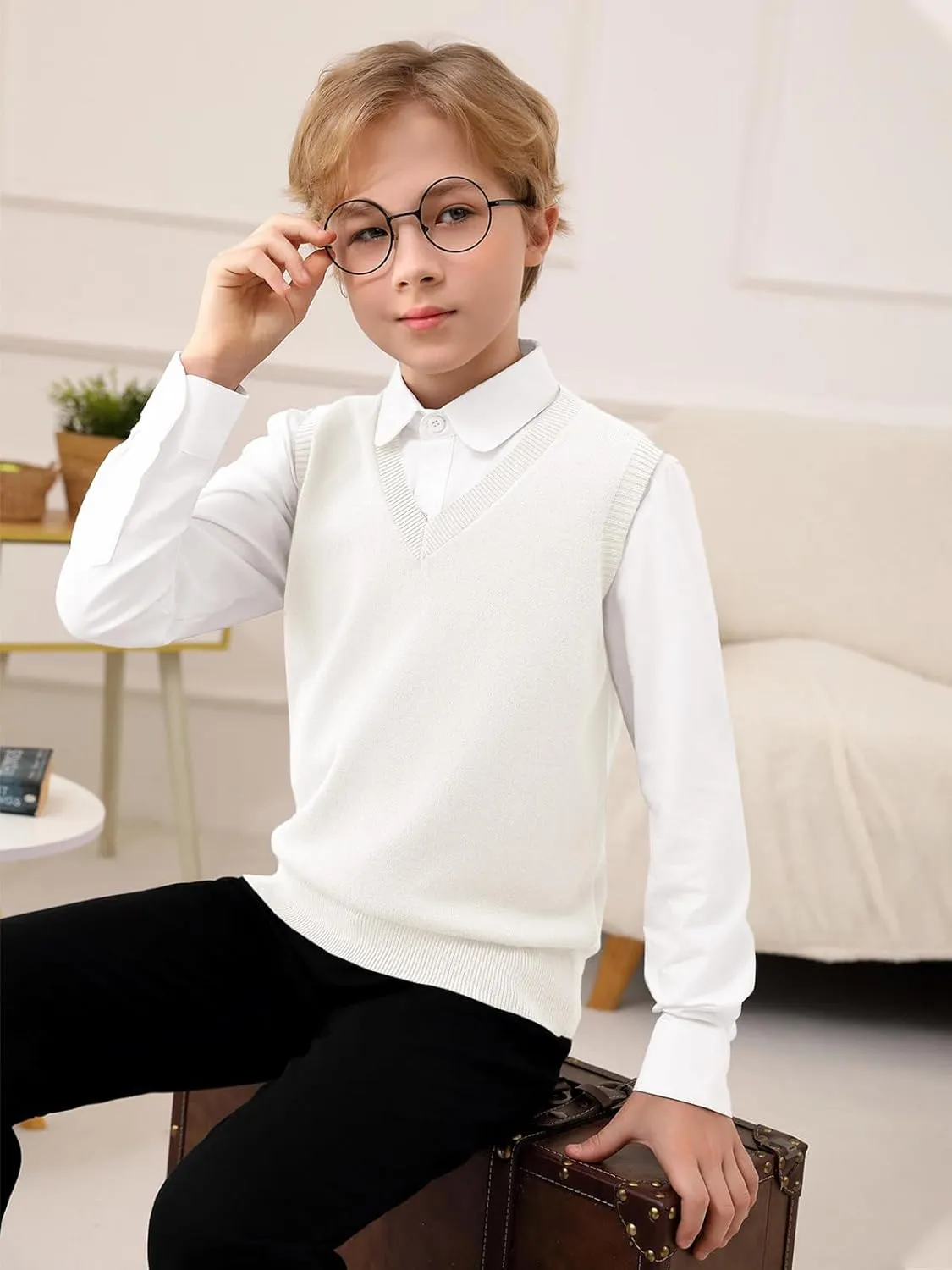 Boys Sweater Vest Kids Solid School Uniform Sleeveless Knit Sweaters Tops 5-14 Years