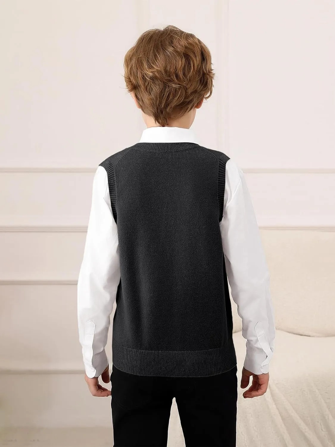 Boys Sweater Vest Kids Solid School Uniform Sleeveless Knit Sweaters Tops 5-14 Years