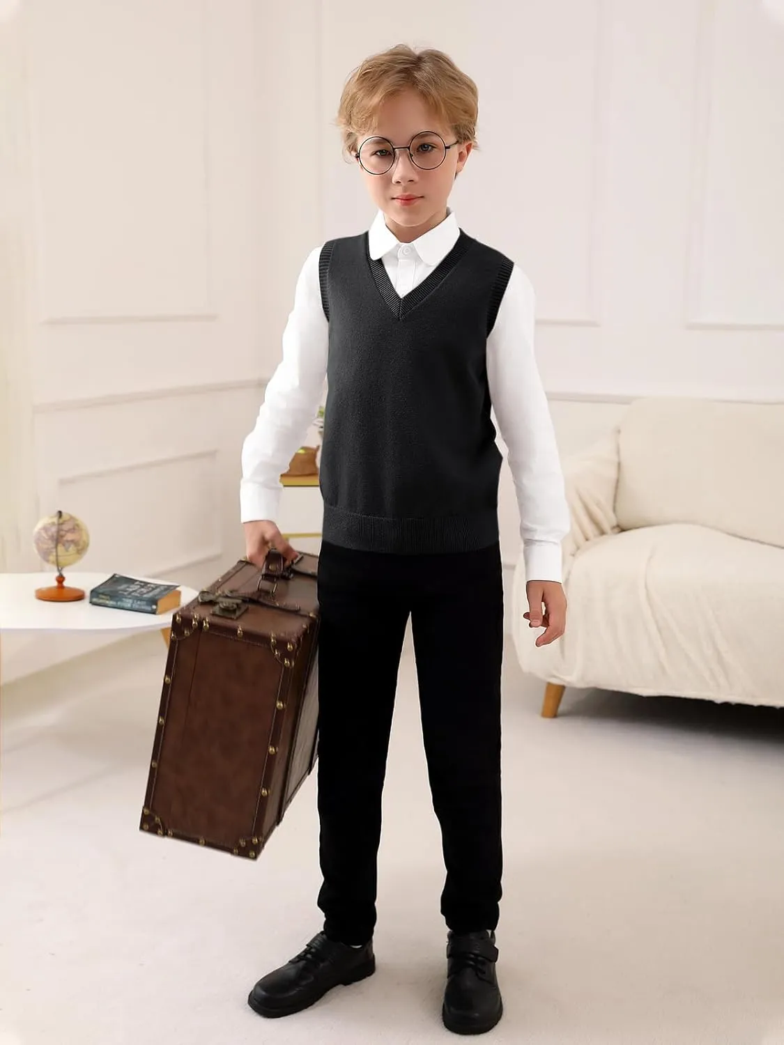 Boys Sweater Vest Kids Solid School Uniform Sleeveless Knit Sweaters Tops 5-14 Years