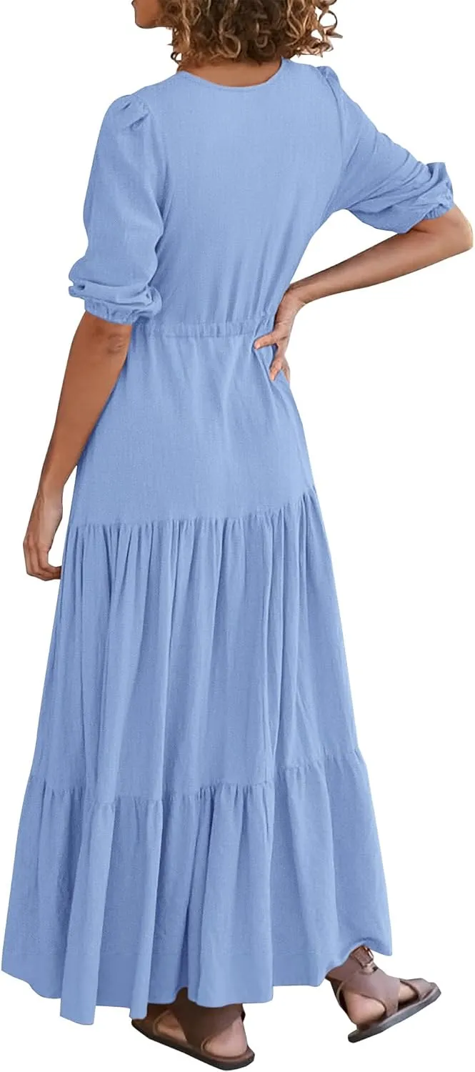 BTFBM Women Summer Dresses Short Sleeves V Neck Button Drawstring Maxi Dresses Solid Color Boho Long Dresses