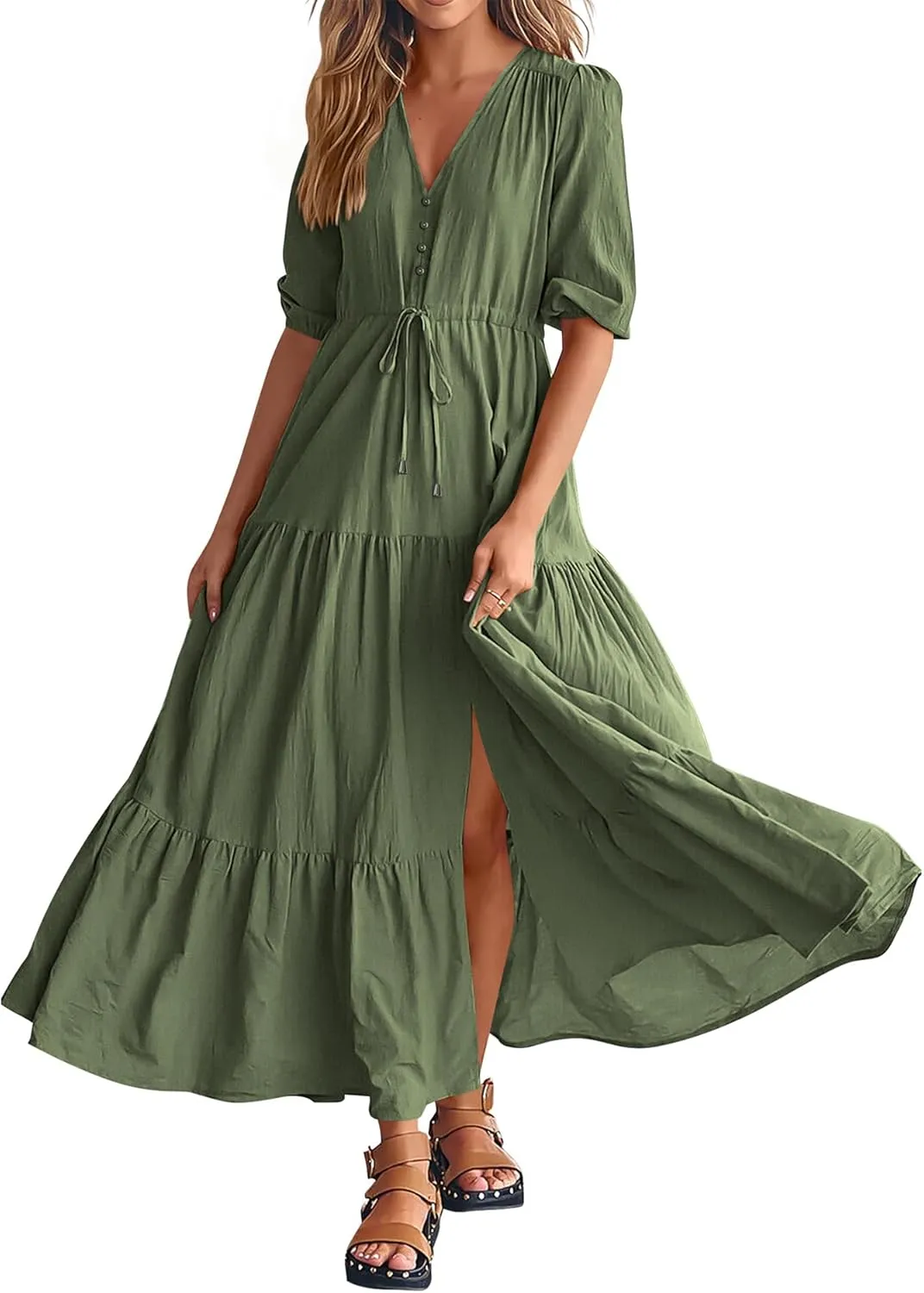 BTFBM Women Summer Dresses Short Sleeves V Neck Button Drawstring Maxi Dresses Solid Color Boho Long Dresses
