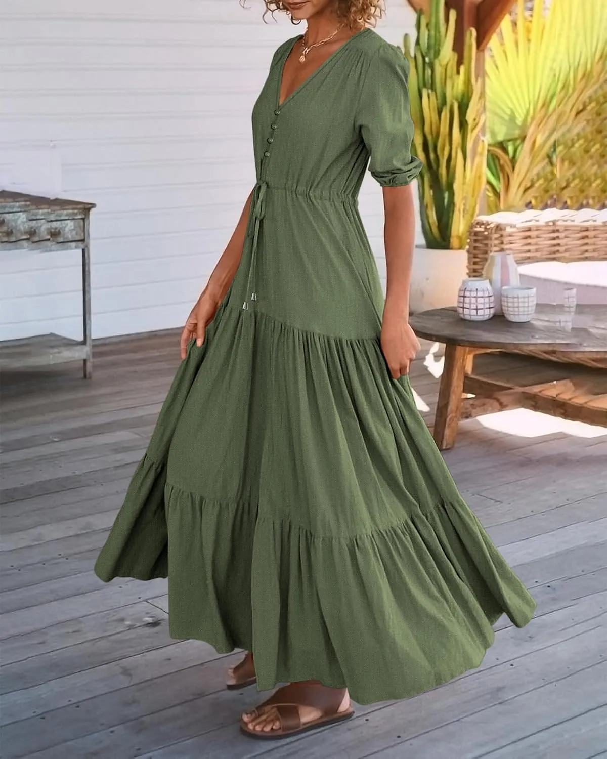 BTFBM Women Summer Dresses Short Sleeves V Neck Button Drawstring Maxi Dresses Solid Color Boho Long Dresses