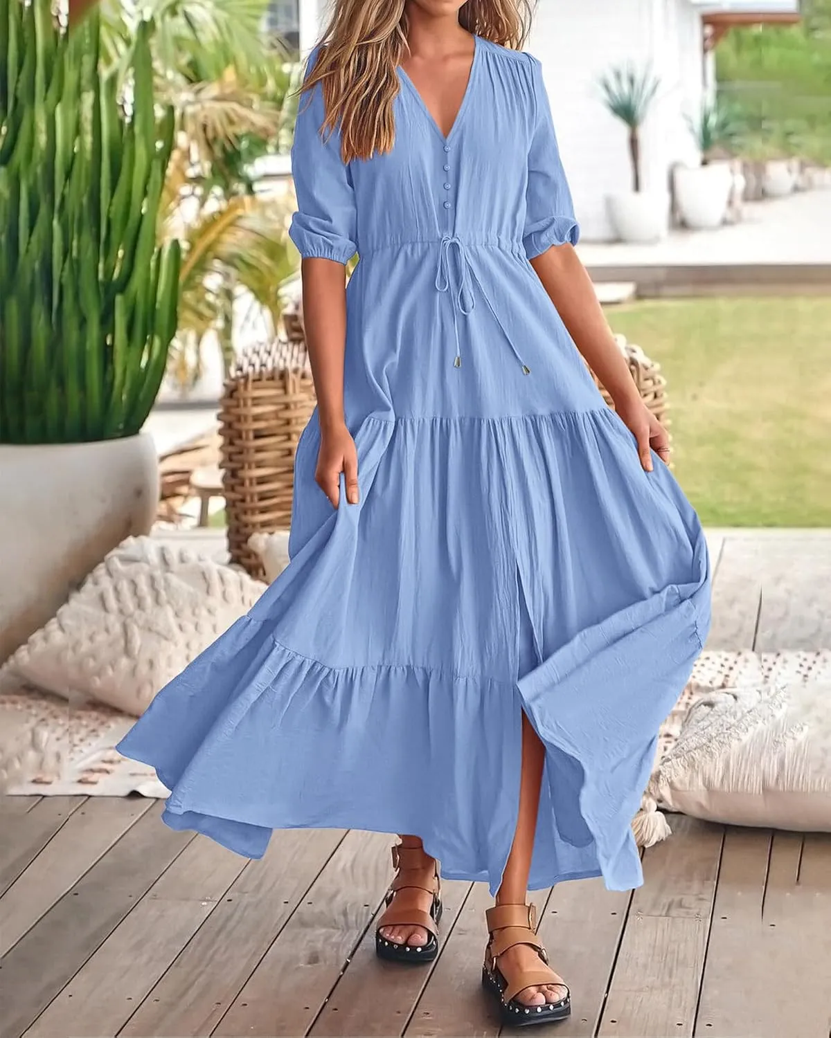 BTFBM Women Summer Dresses Short Sleeves V Neck Button Drawstring Maxi Dresses Solid Color Boho Long Dresses