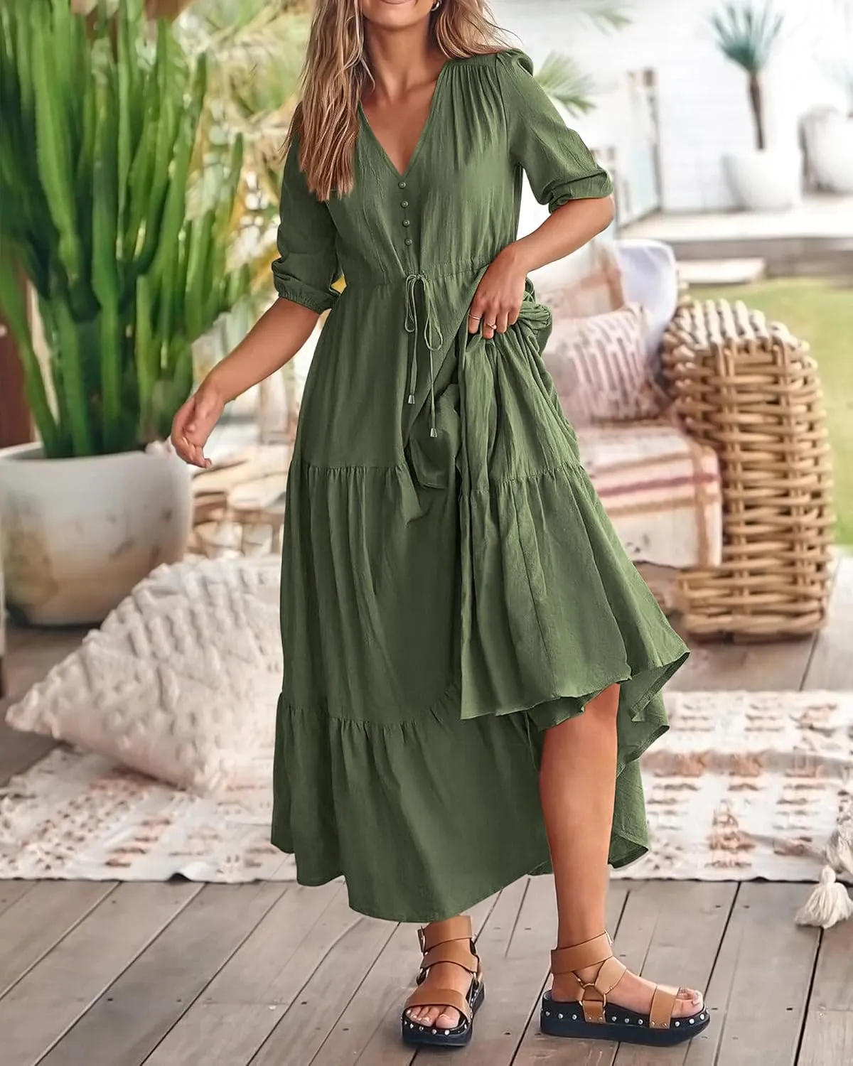 BTFBM Women Summer Dresses Short Sleeves V Neck Button Drawstring Maxi Dresses Solid Color Boho Long Dresses