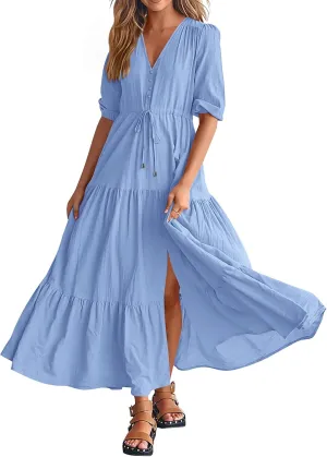 BTFBM Women Summer Dresses Short Sleeves V Neck Button Drawstring Maxi Dresses Solid Color Boho Long Dresses