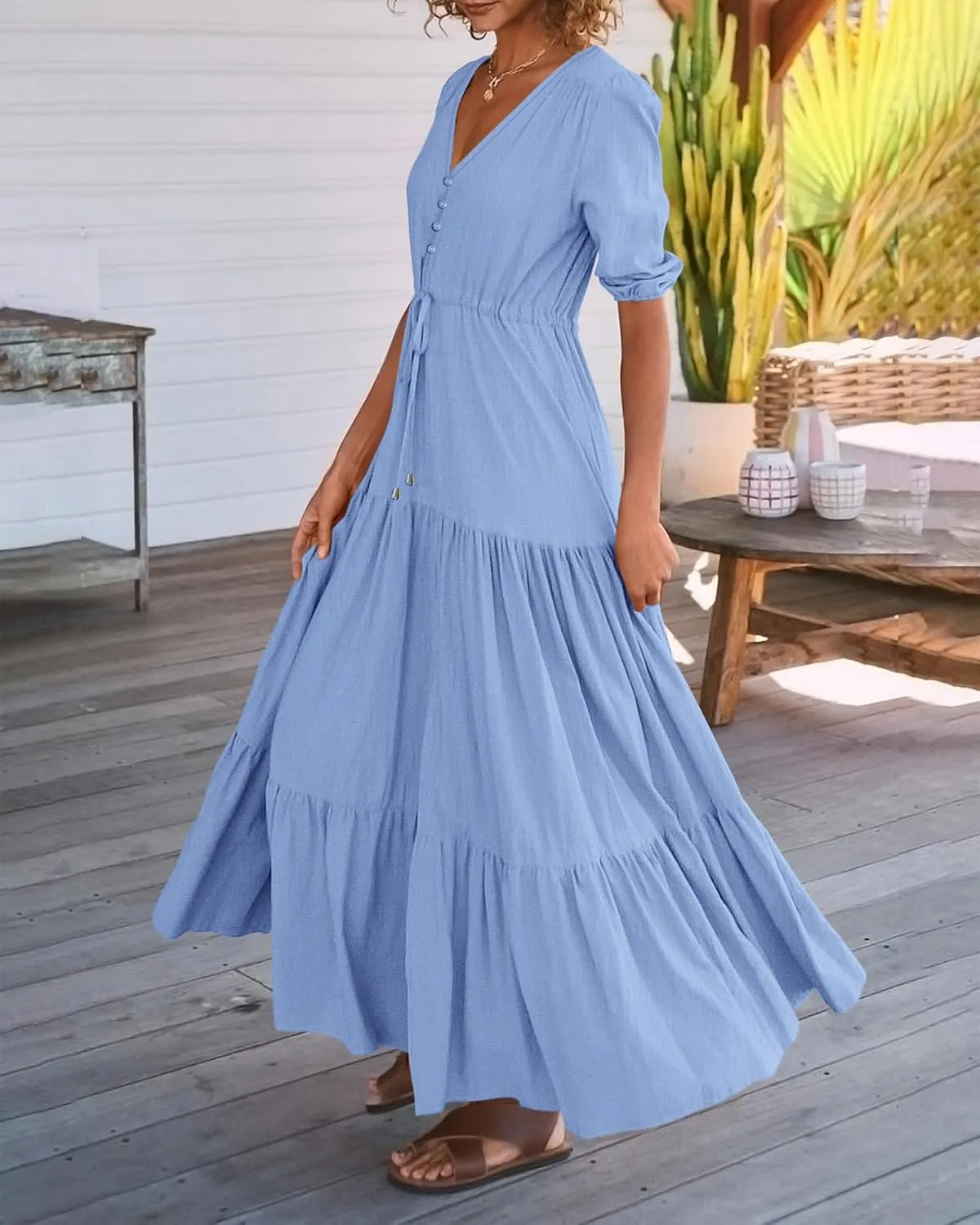 BTFBM Women Summer Dresses Short Sleeves V Neck Button Drawstring Maxi Dresses Solid Color Boho Long Dresses