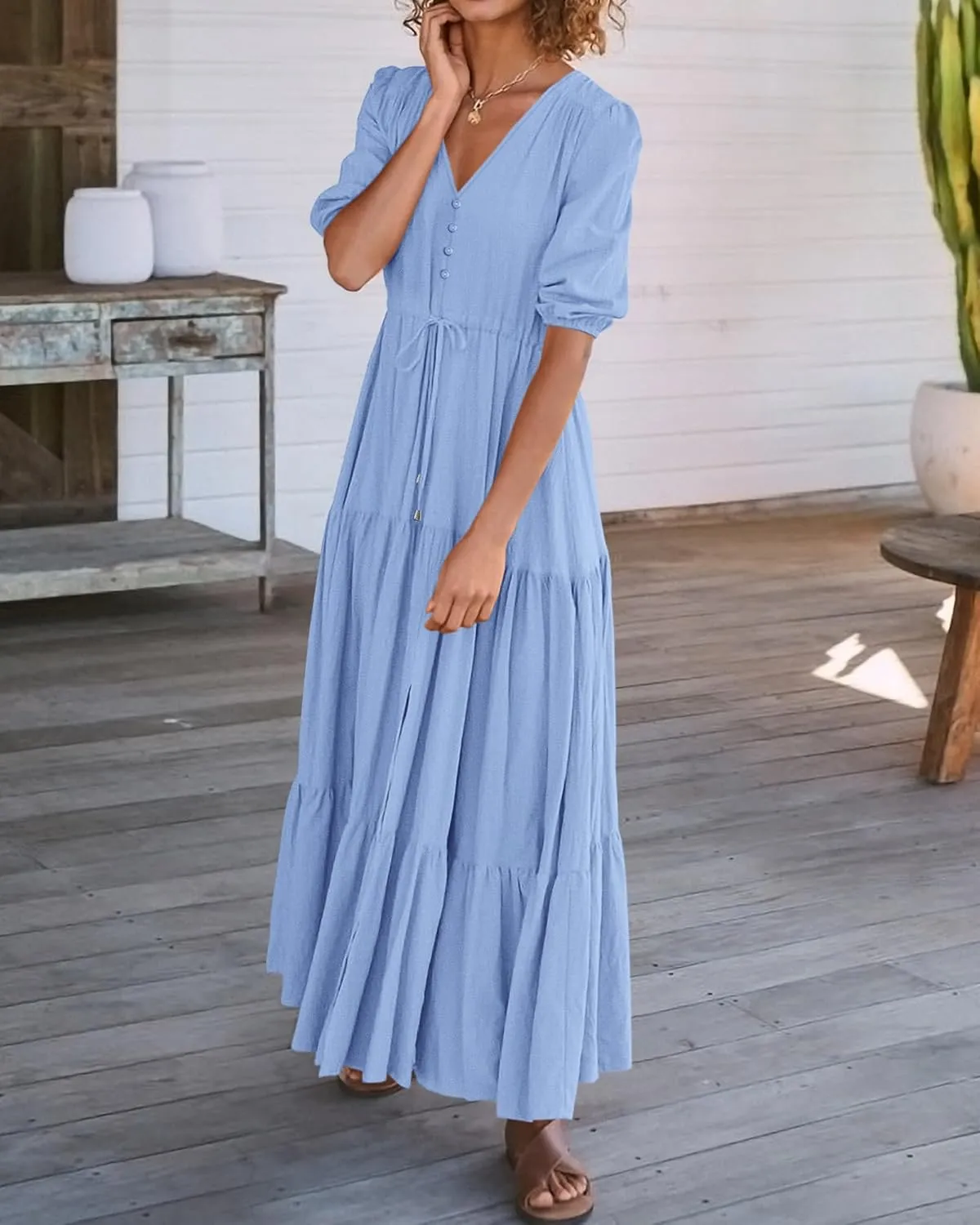 BTFBM Women Summer Dresses Short Sleeves V Neck Button Drawstring Maxi Dresses Solid Color Boho Long Dresses