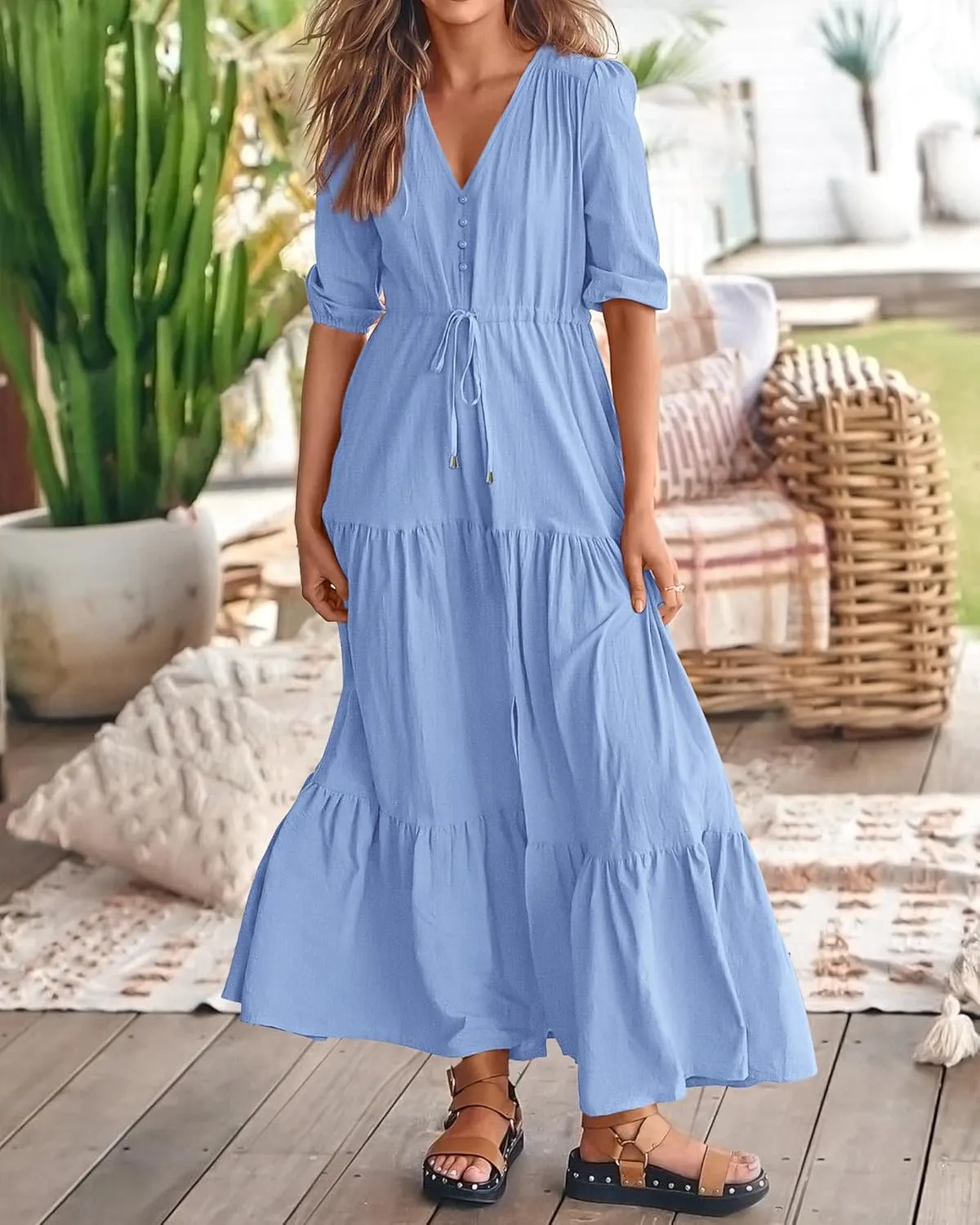BTFBM Women Summer Dresses Short Sleeves V Neck Button Drawstring Maxi Dresses Solid Color Boho Long Dresses