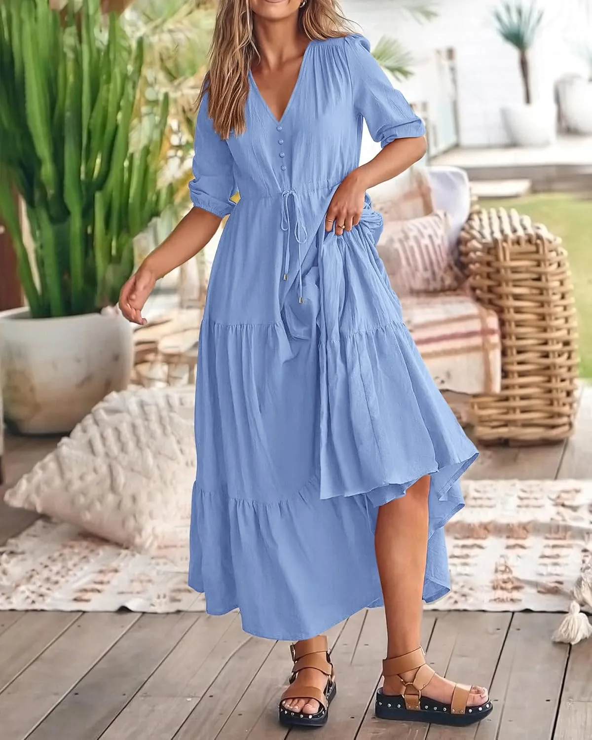 BTFBM Women Summer Dresses Short Sleeves V Neck Button Drawstring Maxi Dresses Solid Color Boho Long Dresses