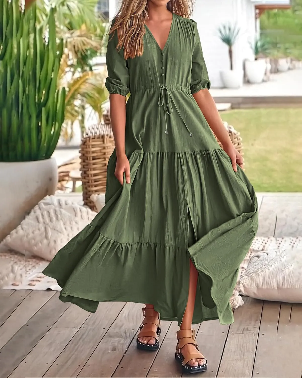 BTFBM Women Summer Dresses Short Sleeves V Neck Button Drawstring Maxi Dresses Solid Color Boho Long Dresses