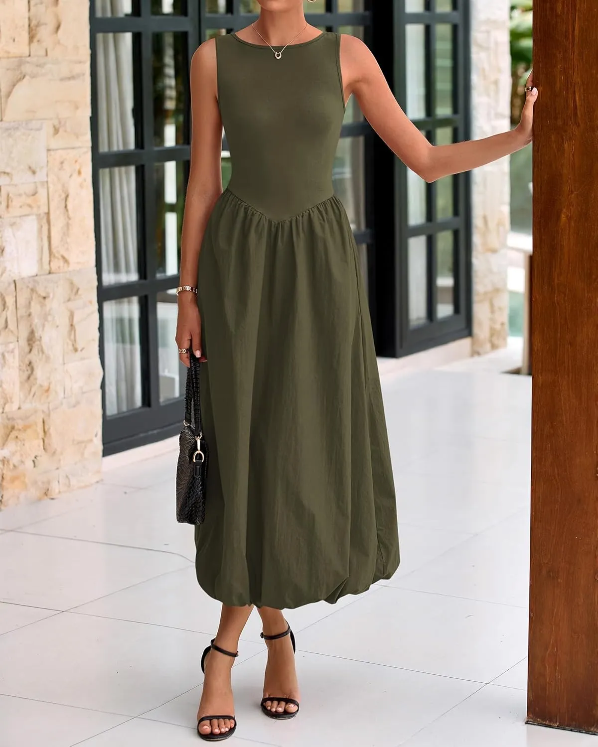 BTFBM Women's 2025 Summer Casual Sleeveless Midi Dress Patchwork Knit Tank Bubble Long Flowy Beach Maxi Sundress Pockets