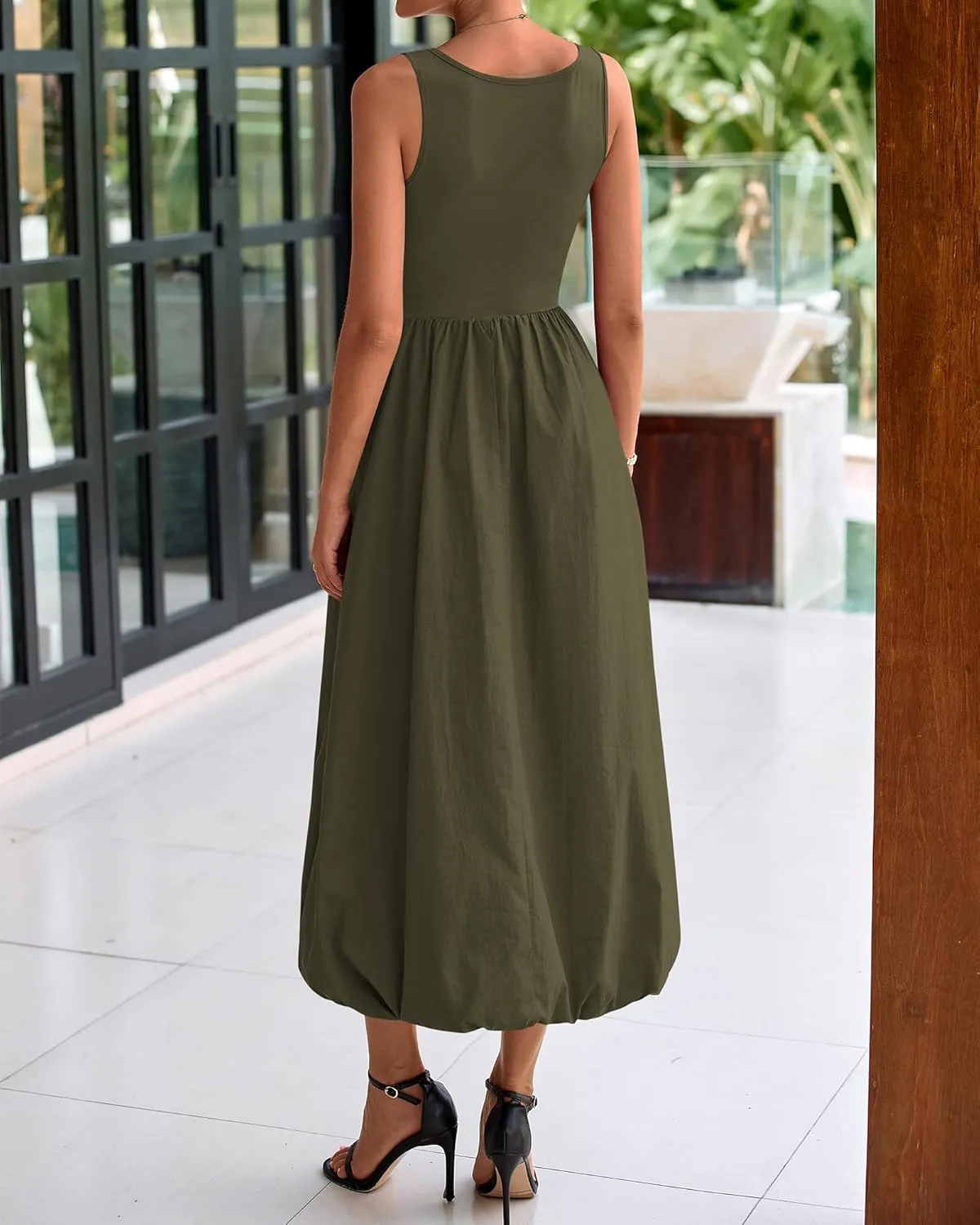 BTFBM Women's 2025 Summer Casual Sleeveless Midi Dress Patchwork Knit Tank Bubble Long Flowy Beach Maxi Sundress Pockets