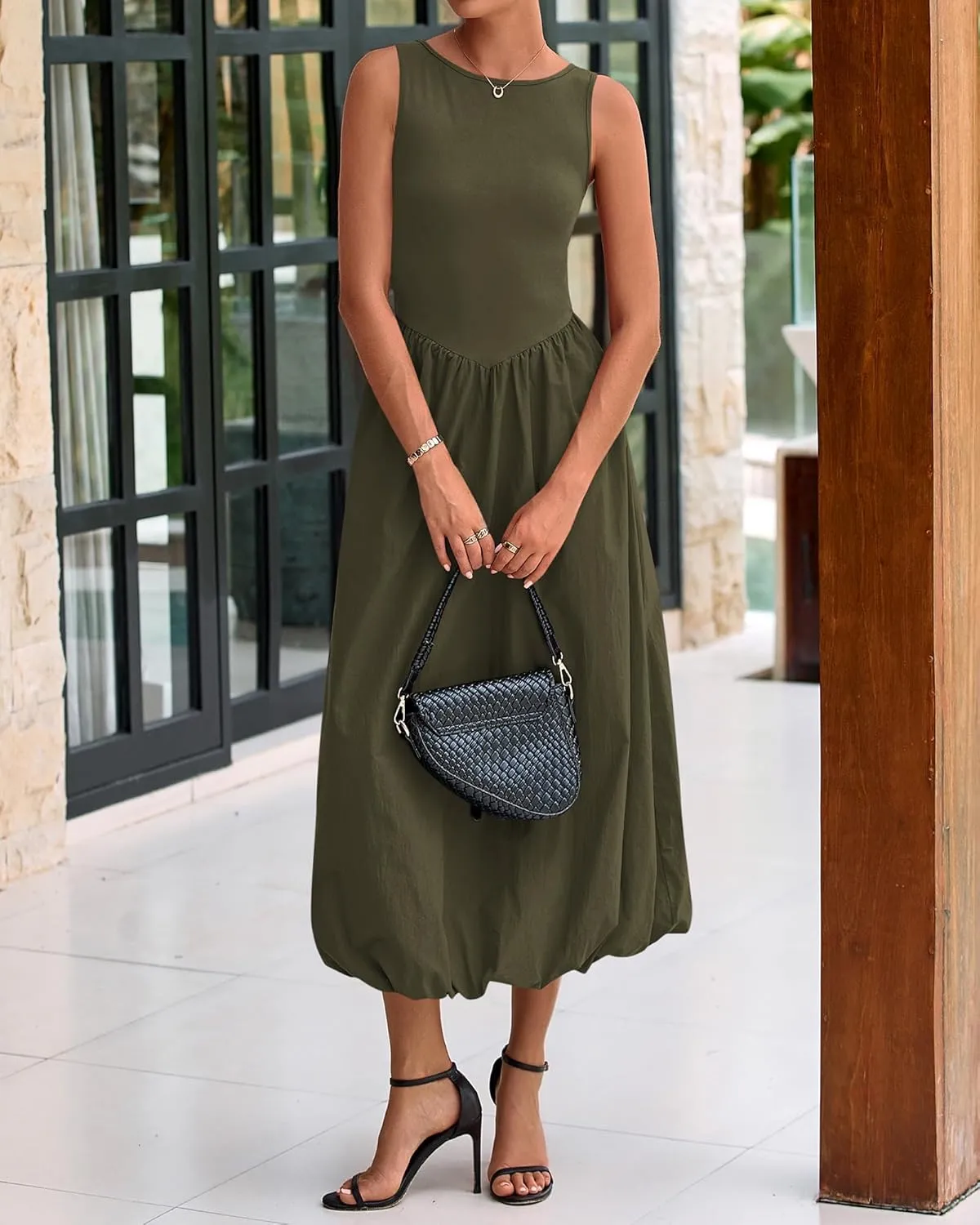BTFBM Women's 2025 Summer Casual Sleeveless Midi Dress Patchwork Knit Tank Bubble Long Flowy Beach Maxi Sundress Pockets