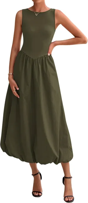 BTFBM Women's 2025 Summer Casual Sleeveless Midi Dress Patchwork Knit Tank Bubble Long Flowy Beach Maxi Sundress Pockets