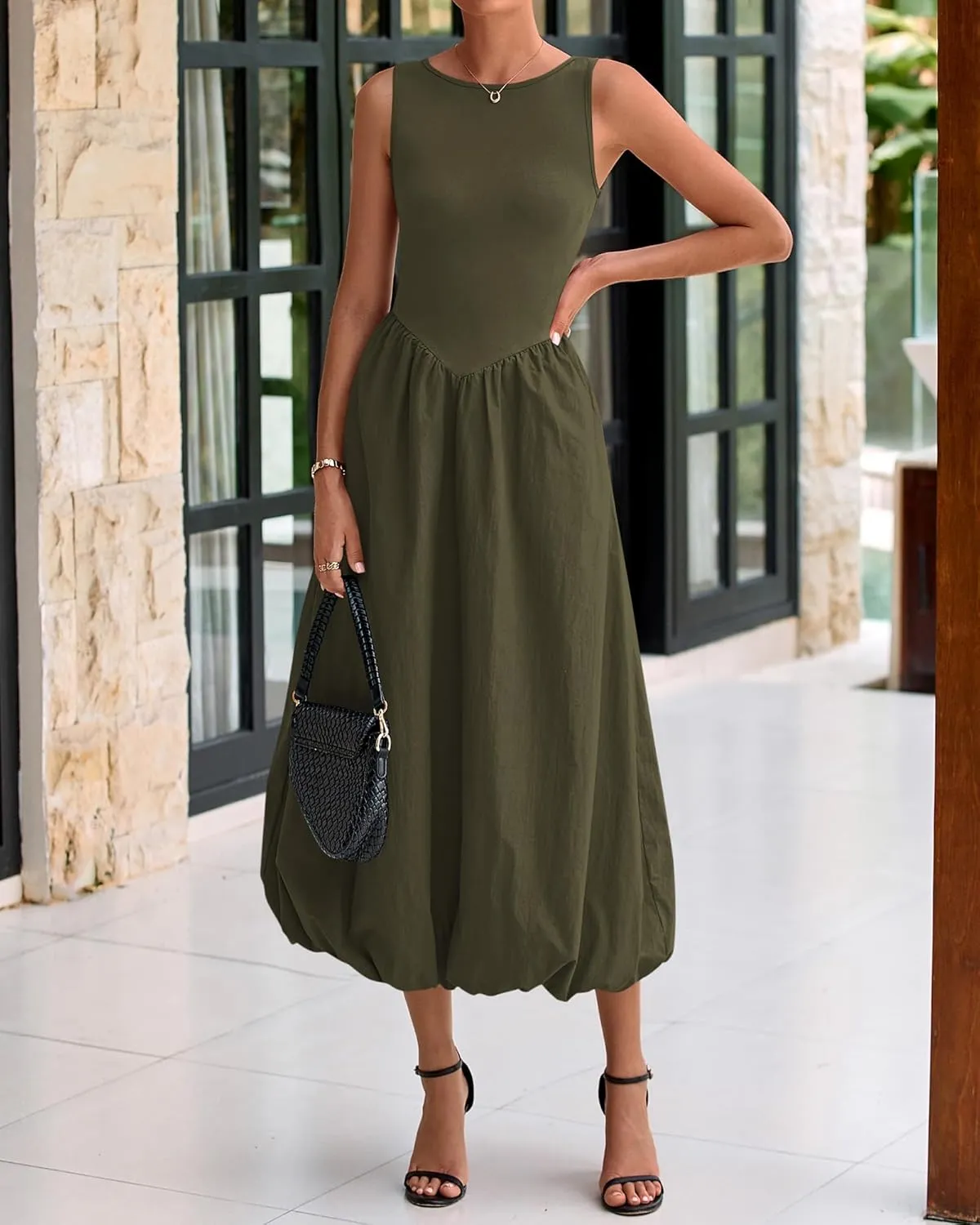 BTFBM Women's 2025 Summer Casual Sleeveless Midi Dress Patchwork Knit Tank Bubble Long Flowy Beach Maxi Sundress Pockets