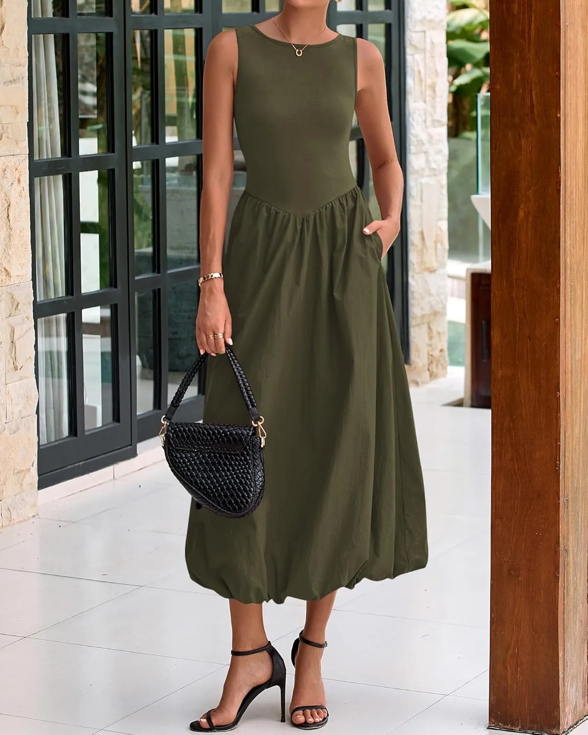 BTFBM Women's 2025 Summer Casual Sleeveless Midi Dress Patchwork Knit Tank Bubble Long Flowy Beach Maxi Sundress Pockets