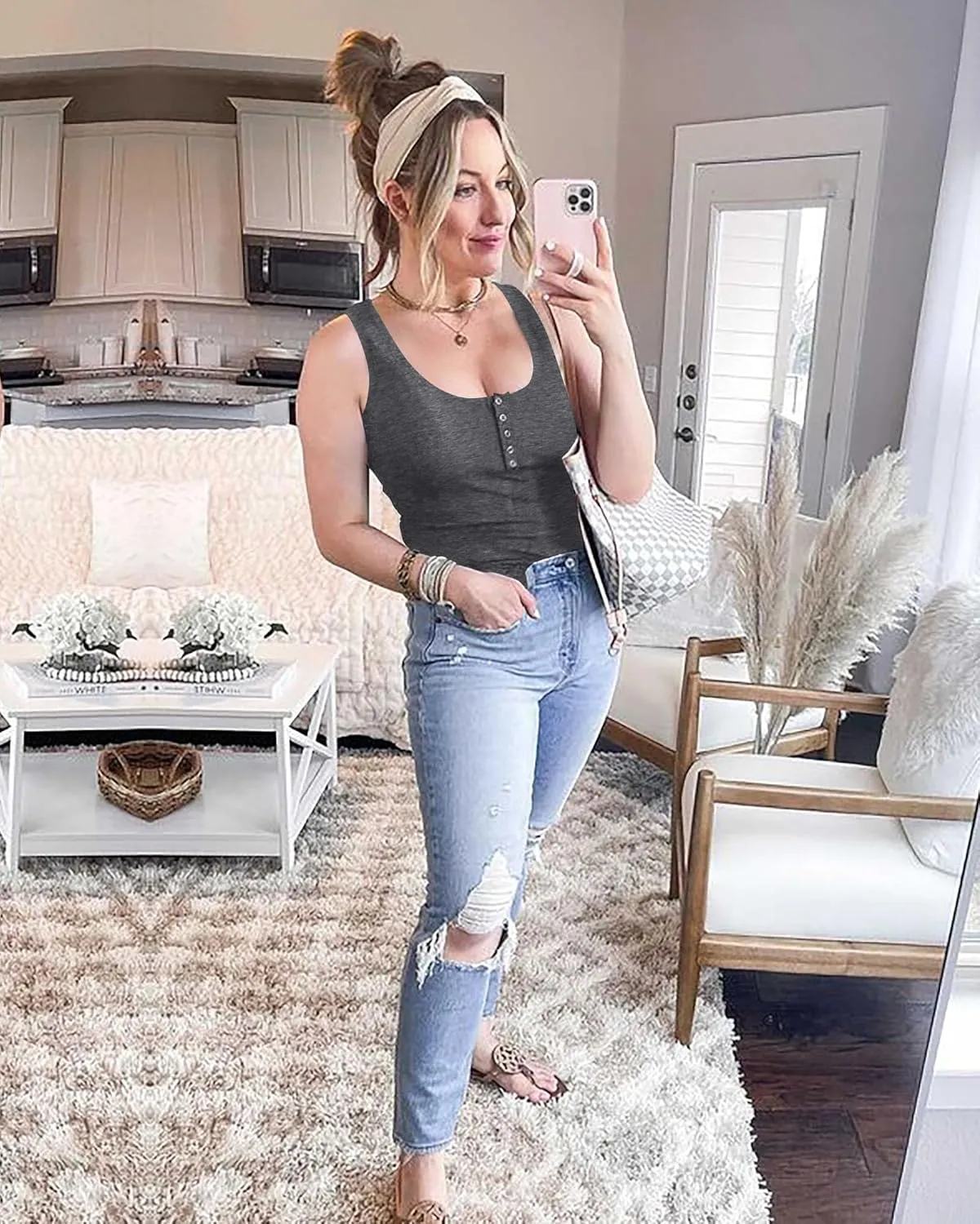 BTFBM Women's Summer Ribbed Tank Tops Crew Neck Button Down Slim Fit Basic Sleeveless Tunic Blouse Casual Henley Shirts